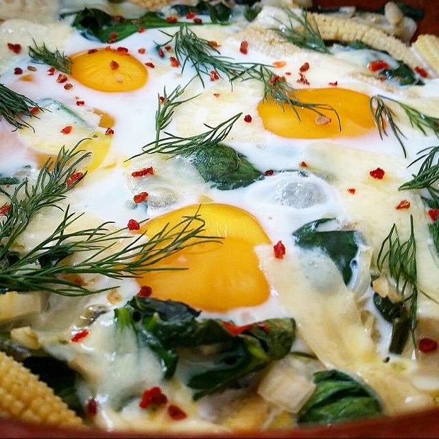 Fenouil, épinards et œufs au four – Copyright © Gratinez