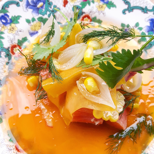 Truite, butternut, maïs doux et oignon – restaurant Salt – Copyright © Gratinez